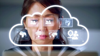 Woman analyzing digital cloud data with icons representing technology and communication - Powered by Adobe