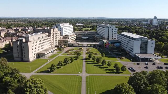 Large hospital campus with green spaces, buildings, and trees on a sunny day. Suitable for healthcare, medical, urban, and city concepts.