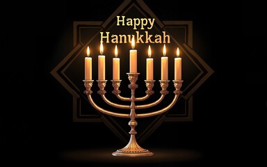 Happy Hanukkah. Traditional Jewish holiday. Chankkah banner, poster or flyer design concept. Judaic religion decor with Menorah, candles. Luxury black backgound with ornament. Vector illustration.