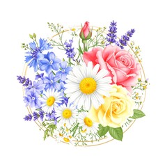 Floral bouquet in a golden frame