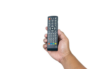 Hand holding a TV remote control. Isolated on a white background.