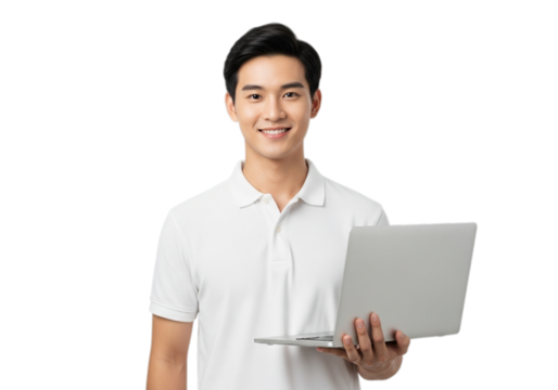 Photo of cheerful asian man holding laptop isolated on transparent background