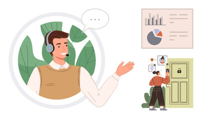 Smiling agent with headset gestures as charts display analytics and a person accesses a secured door. Ideal for customer support, remote assistance, smart technology, security systems, teamwork