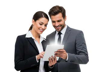 Photo of business team using tablet isolated on transparent background