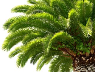 Fototapeta premium The sun illuminates the vibrant green fronds of a tropical palm tree against a stark white background today.