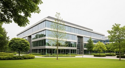 Obraz premium Modern glass office building with manicured green lawn landscape