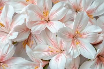Fototapeta premium Close-up view of delicate, soft white flowers with delicate pink accents, highlighting the intricate patterns of their petals.