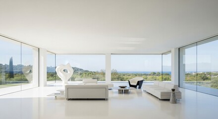 Modern luxury villa interior with stunning ocean view from living room