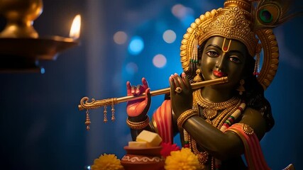 Lord Krishna with flute statue illuminated by diya lamp, Hindu deity revered for divine music, spirituality, devotion. Suitable for religious festivals, cultural events promo. 