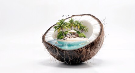 Surreal image depicting a miniature tropical beach with palm trees, white sand, turquoise water and beach chairs contained inside half a coconut shell, symbolizing exotic holidays and vacations