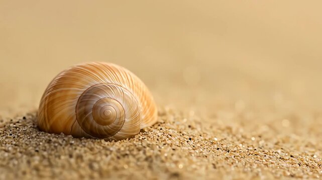 Swirling shell sits partially buried in grainy golden sand, lit warmly
