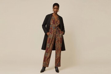 Woman poses in patterned jumpsuit & coat, studio shot, beige background, fashion catalog