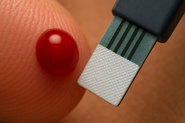 Close-up of a blood glucose test: a droplet of blood on fingertip next to a diagnostic test strip.
