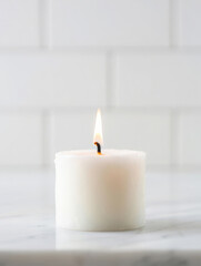 Soft lit candle with subtle colored accents emitting gentle warmth and ambiance