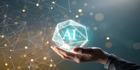 Artificial intelligence concept with hand holding ai symbol and network