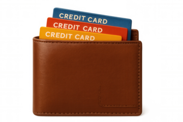 Leather wallet displaying vibrant credit cards, symbolizing personal financial management against transparent backdrop