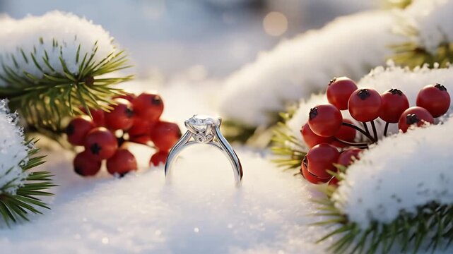 Engagement ring in snowy winter setting, surrounded by berries and pine needles