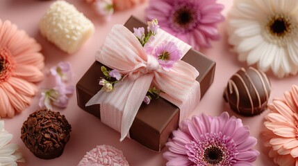 Gift box with pink ribbon, chocolates, and flowers on pink background