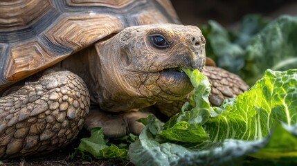 Close-up of Tortoise Eating Leafy Green Vegetable in Natural Habitat