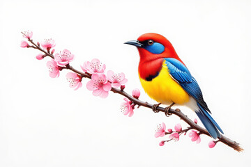 Obraz premium Vibrant small bird perched on a delicate flowering branch in spring