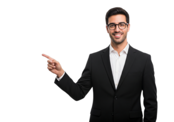 Photo of smiling businessman in suit pointing to the side isolated on transparent background
