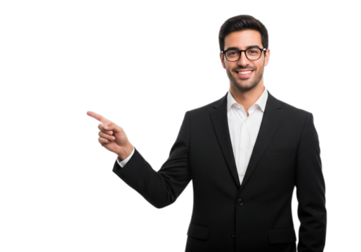 Photo of smiling businessman in suit pointing to the side isolated on transparent background