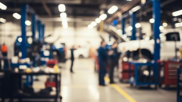 General Nature & Environment Modern Auto Repair Garage with Mechanics and Vehicles in Workshop