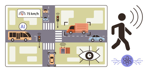 Advanced interconnected grid with AI-controlled vehicles, buses, trucks, camera surveillance, and pedestrian detection. Ideal for urban technology, traffic safety, AI, smart cities transportation