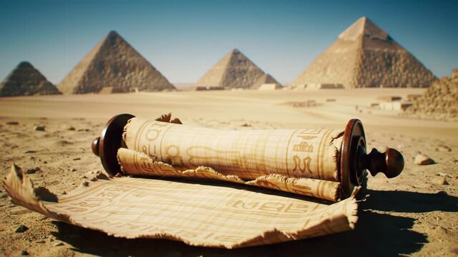 Ancient Papyrus Scroll Unfurled Before Giza Pyramids Egypt History Concept.