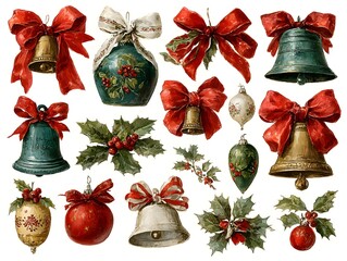 Decorative vintage christmas bells and ornaments with bows and holly are displayed on a white background.