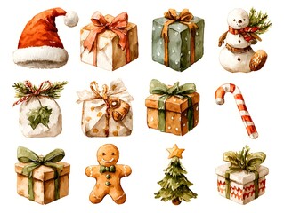 Watercolor illustration of festive christmas gifts and holiday items arranged on a clean white background.