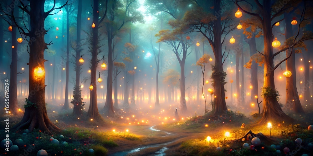Poster a mystical forest illuminated by glowing orbs, casting a warm light through the trees, creating a ma