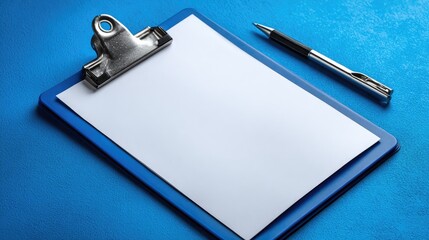 Blank paper on clipboard with pen, blue background