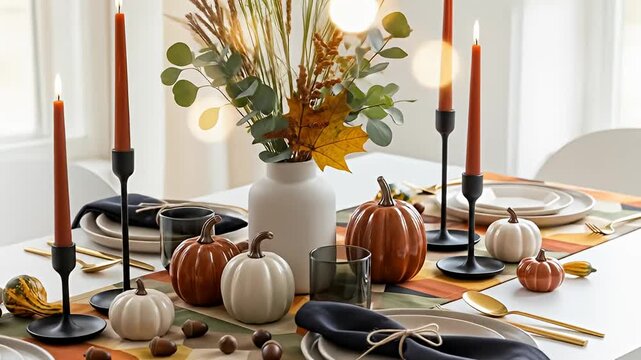 Festive autumn table setting with candles, pumpkins, vase of foliage, and geometric runner