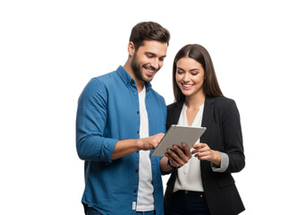 Photo of smiling business people using tablet isolated on transparent background