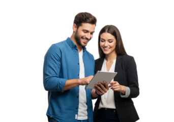 Photo of smiling business people using tablet isolated on transparent background