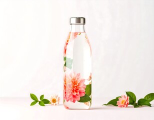 Floral water bottle,  pink flowers
