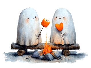 Two cute ghosts roasting hmallows over a small campfire while sha a heart on white background illustration.