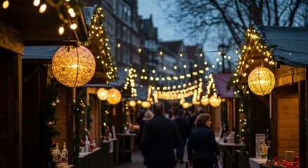 Obraz premium Enchanting Christmas Market Night: Festive Lights and Wooden Stalls