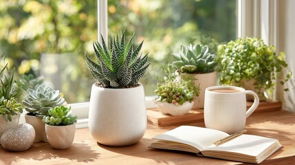 Sunlit windowsill with succulents, coffee, and notebook