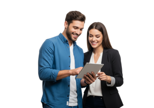 Photo of smiling business people using tablet isolated on transparent background