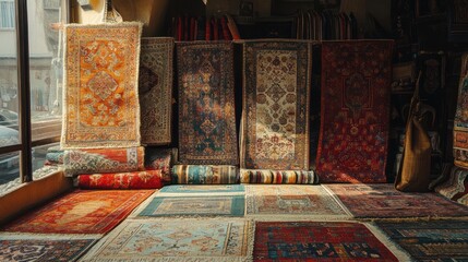 A shop displays a variety of colorful rugs and carpets, some hanging and some rolled or laid out on the floor.