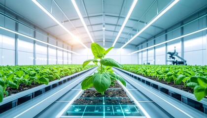 A modern, technologically advanced greenhouse showcasing rows of vibrant green seedlings, illuminated by LED lights, and monitored by automated systems.