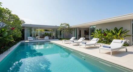 Stunning pool oasis with modern architecture and lush greenery
