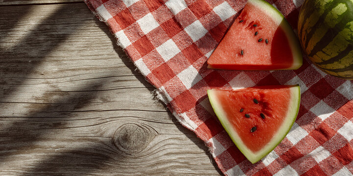 Watermelon slices on Weathered picnic table with red white checkered tablecloth outdoor rustic