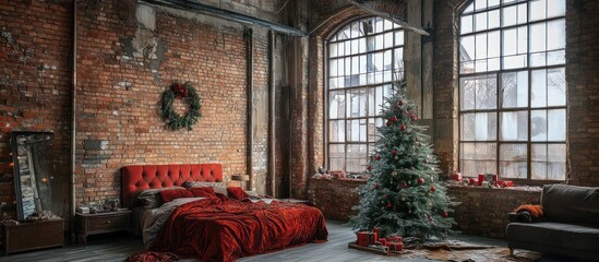 Christmas tree stands in a bedroom with brick walls and large windows.