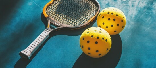 A tennis racket and two yellow pickleball balls rest on a teal surface.