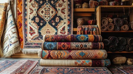 A collection of intricately patterned rugs displayed in a shop, showcasing various colors and designs, stacked and hanging.