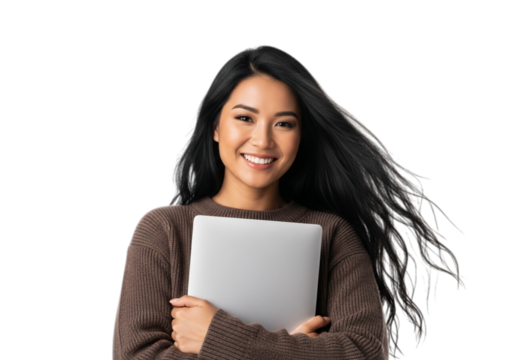 Photo of smiling asian woman holding laptop isolated on transparent background
