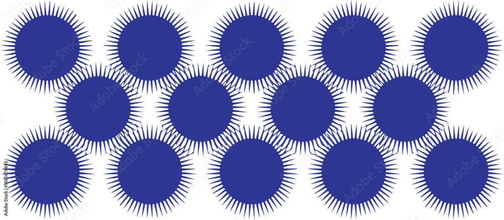 Poster a collection of blue circles with radiating lines arranged in a rectangular pattern on white
